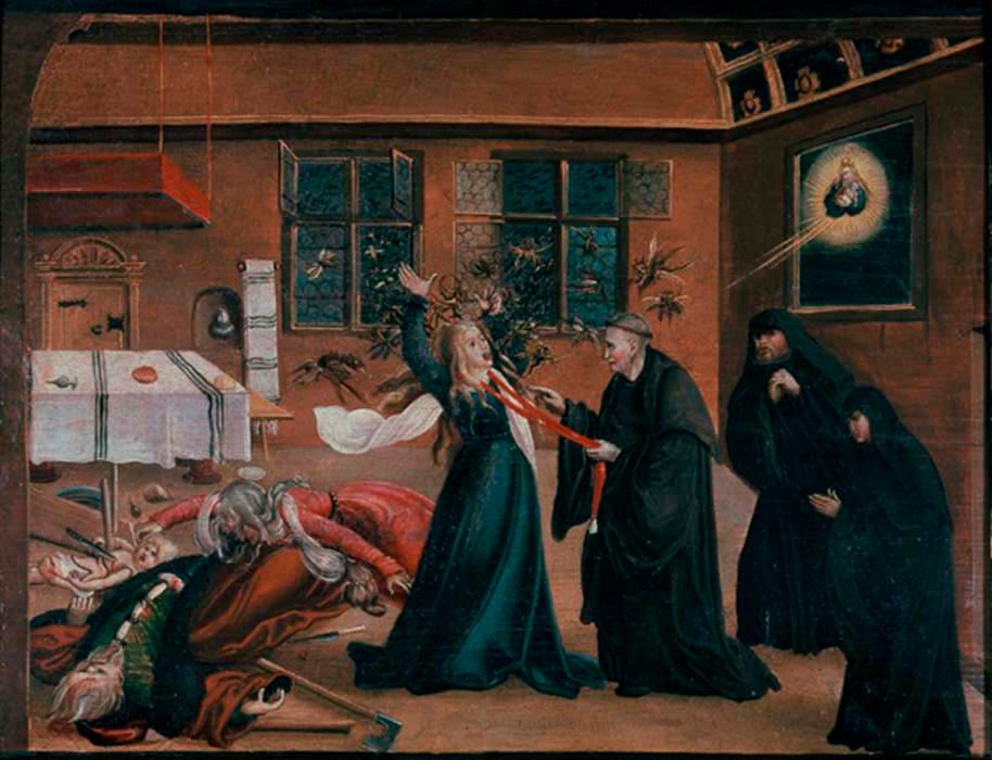 Representación pictórica del exorcismo de Martha Brossier a finales del siglo XVI, uno de los casos de posesiones demoníacas más conocidos de la Francia preilustrada, que terminó siendo desenmascarado como un fraude mediante métodos médicos y racionales.